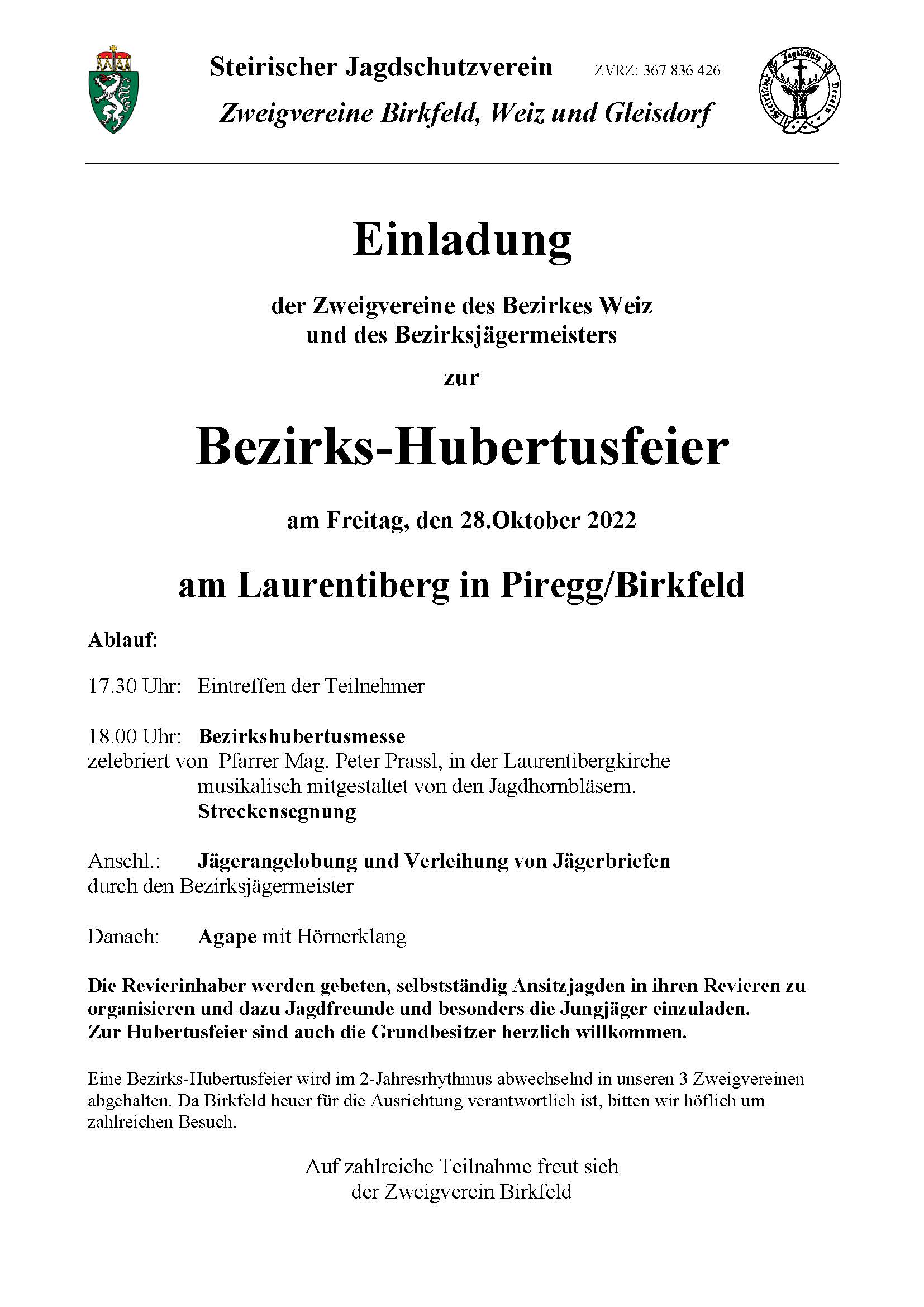 Einladung Bezirks Hubertusfeier 2022
